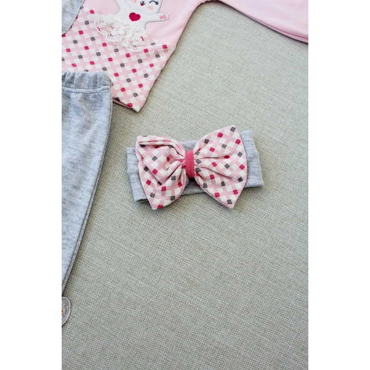 3-6 9-12 12-18 Ay Havuç Tavşan Nakışlı Bandanalı Cepli Uzun Kollu Sweatli 3lü Kız Bebek Tak Pembe