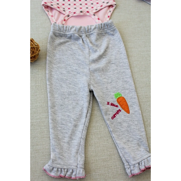 3-6 9-12 12-18 Ay Havuç Tavşan Nakışlı Bandanalı Uzun Kollu Zıbınlı 3lü Kız Bebek Tak Pembe