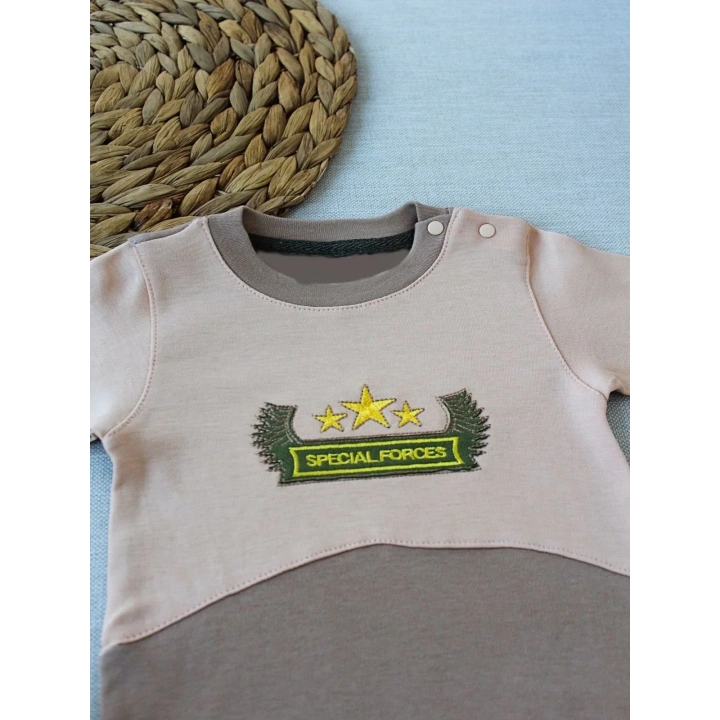 3-6 9-12 12-18 Ay Özel Kuvvetler Nakışlı Bere Şapkalı Kız Erkek Bebek Tulumu Sütlü Kahve