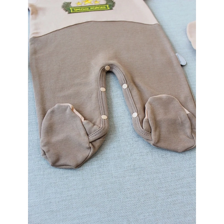 3-6 9-12 12-18 Ay Özel Kuvvetler Nakışlı Bere Şapkalı Kız Erkek Bebek Tulumu Sütlü Kahve