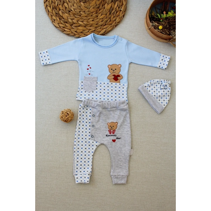 3-6 9-12 12-18 Ay Romantik Ayıcık Nakışlı Şapkalı Uzun Kollu Sweatli 3lü Kız-erkek Bebek Takımı Mavi