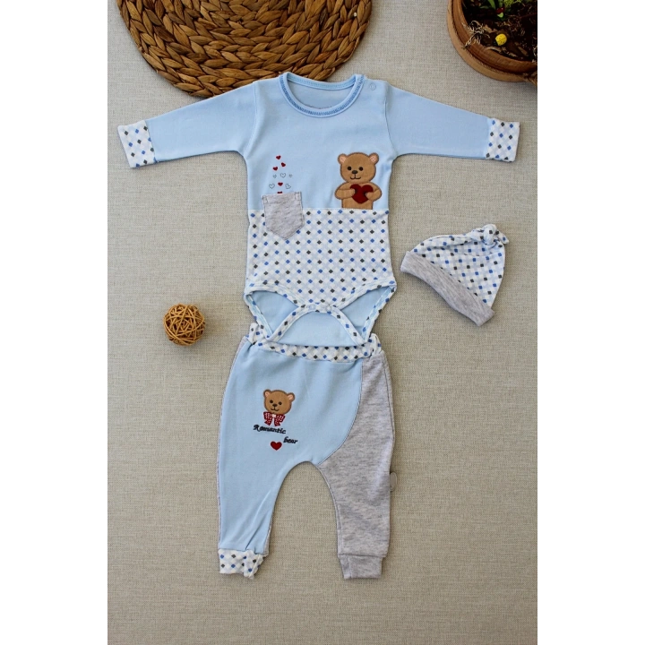 3-6 9-12 12-18 Ay Romantik Ayıcık Nakışlı Şapkalı Uzun Kollu Zıbınlı 3lü Kız-erkek Bebek Takımı Mavi