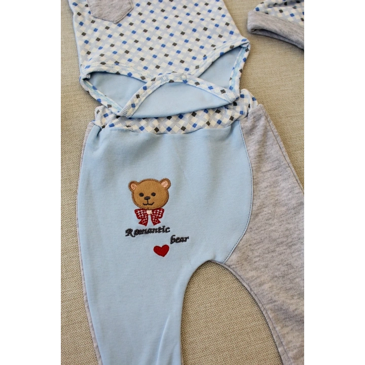 3-6 9-12 12-18 Ay Romantik Ayıcık Nakışlı Şapkalı Uzun Kollu Zıbınlı 3lü Kız-erkek Bebek Takımı Mavi