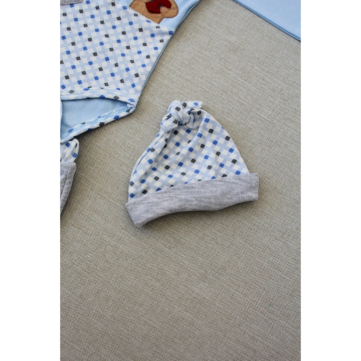 3-6 9-12 12-18 Ay Romantik Ayıcık Nakışlı Şapkalı Uzun Kollu Zıbınlı 3lü Kız-erkek Bebek Takımı Mavi