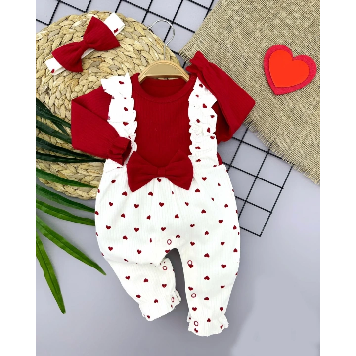 3-6-9-12 Ay Bandanalı Fiyonk Detaylı Salopet Görünümlü Kalp Desenli 2li Kız Bebek Tulumu Kırmızı