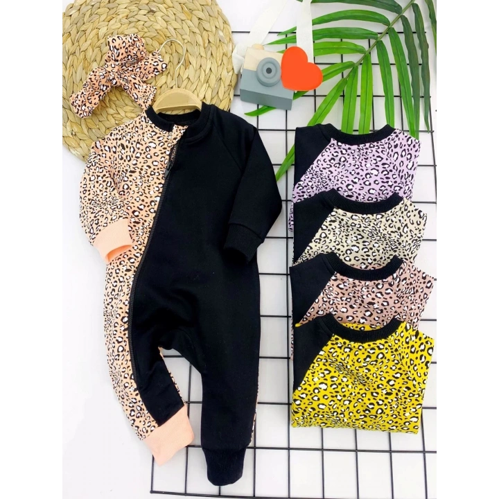 3-6-9-12 Ay Bandanalı Leopar Desenlı Fermuar Kapama Kız Bebek Tulumu Lila