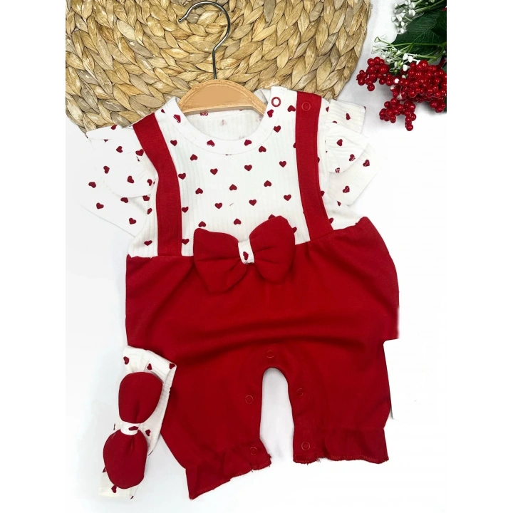 3-6-9-12 Ay Bandanalı Piti Kalp Baskılı Salopet Görünümlü 2li Kız Bebek Takımı
