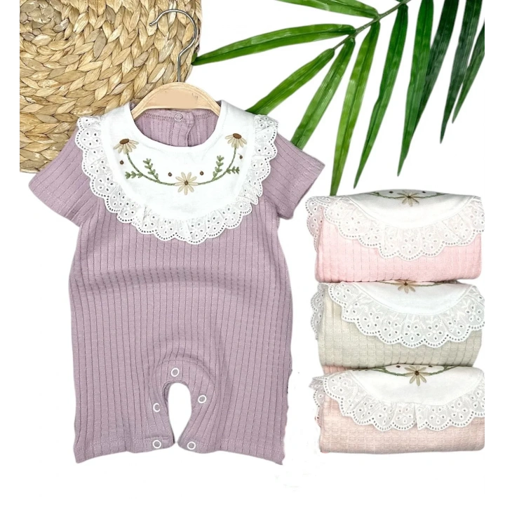 3-6-9-12 Ay Bebe Yaka Çiçek Nakışlı Pamuklu Petek Penye Yazlık Kız Bebek Tulumu