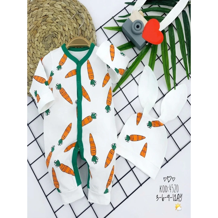 3-6-9-12 Ay Kulaklı Şapkalı Havuç Baskılı Boydan Çıtçıtlı Uzun Kollu Kız Erkek Bebek Tulumu Beyaz