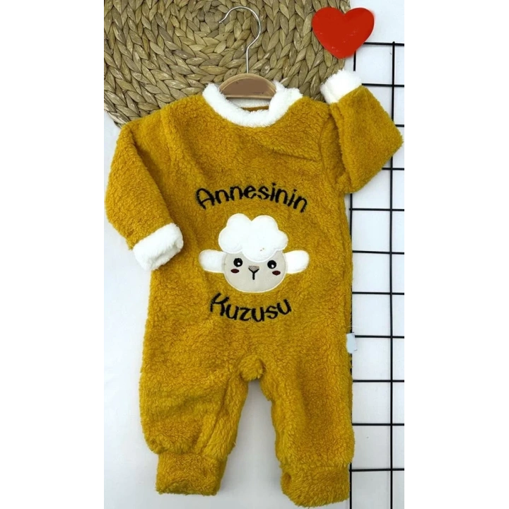3-6-9-12 Ay Kuzu Tüylü Kumaş Annesinin Kuzusu Nakışlı Alttan Çıtçıtlı Kız Erkek Bebek Tulumu Hardal