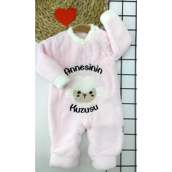 3-6-9-12 Ay Kuzu Tüylü Kumaş Annesinin Kuzusu Nakışlı Alttan Çıtçıtlı Kız Erkek Bebek Tulumu Pembe