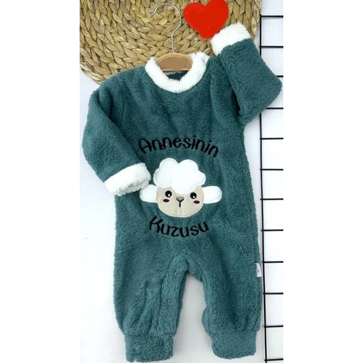 3-6-9-12 Ay Kuzu Tüylü Kumaş Annesinin Kuzusu Nakışlı Alttan Çıtçıtlı Kız Erkek Bebek Tulumu Petrol Mavisi