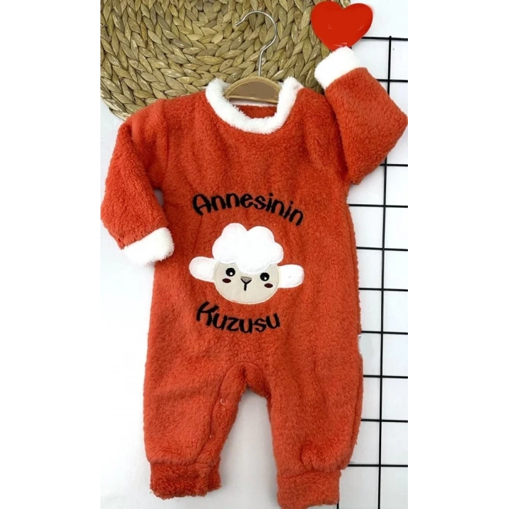 3-6-9-12 Ay Kuzu Tüylü Kumaş Annesinin Kuzusu Nakışlı Alttan Çıtçıtlı Kız Erkek Bebek Tulumu Turuncu
