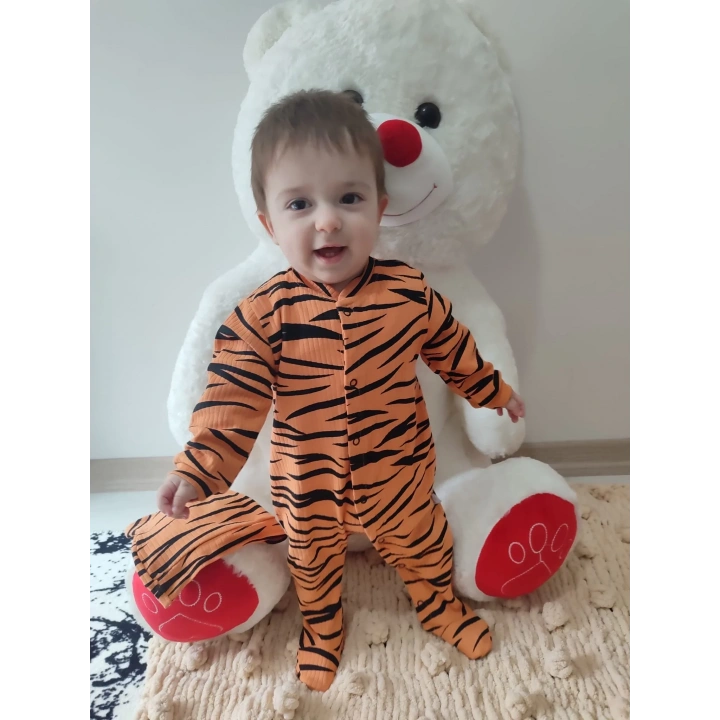 3-6-9-12 Ay Pooh Desenli Zebra Çizgili Şapkalı Sweatli 3lü Kız Erkek Bebek Tulumu(sarı) Sarı