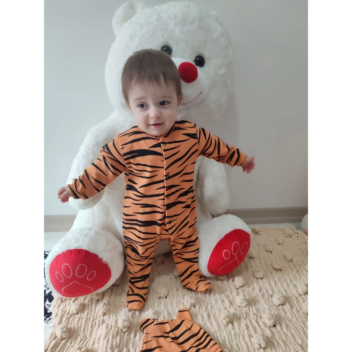 3-6-9-12 Ay Pooh Desenli Zebra Çizgili Şapkalı Sweatli 3lü Kız Erkek Bebek Tulumu(sarı) Sarı
