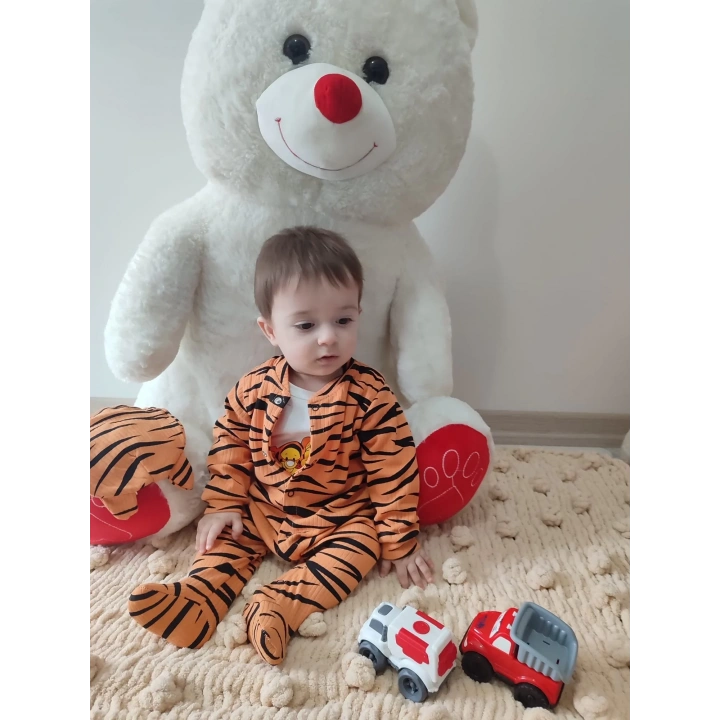 3-6-9-12 Ay Pooh Desenli Zebra Çizgili Şapkalı Sweatli 3lü Kız Erkek Bebek Tulumu(sarı) Sarı