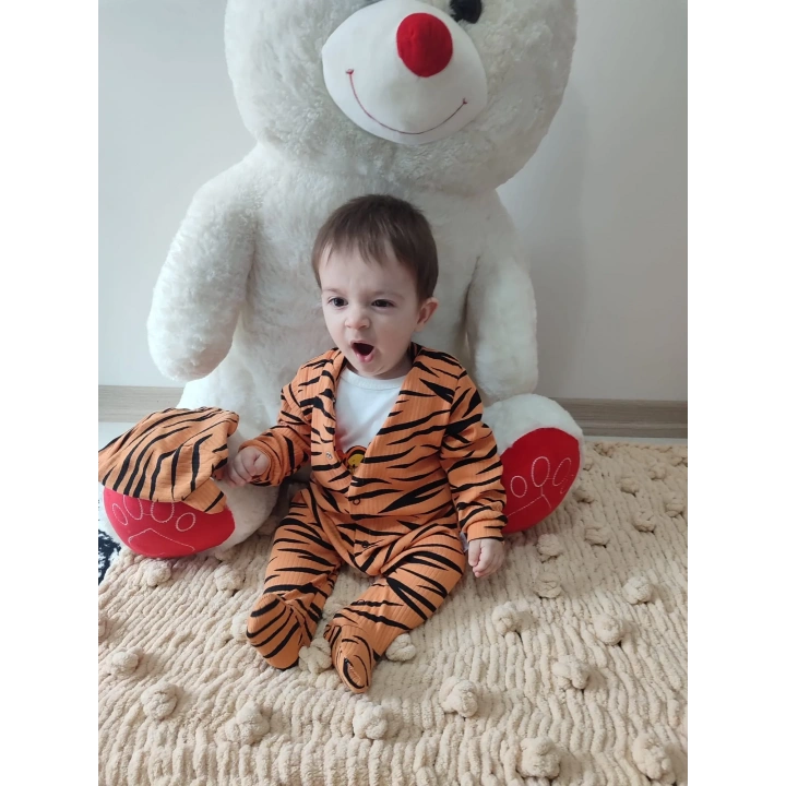 3-6-9-12 Ay Pooh Desenli Zebra Çizgili Şapkalı Sweatli 3lü Kız Erkek Bebek Tulumu(sarı) Sarı