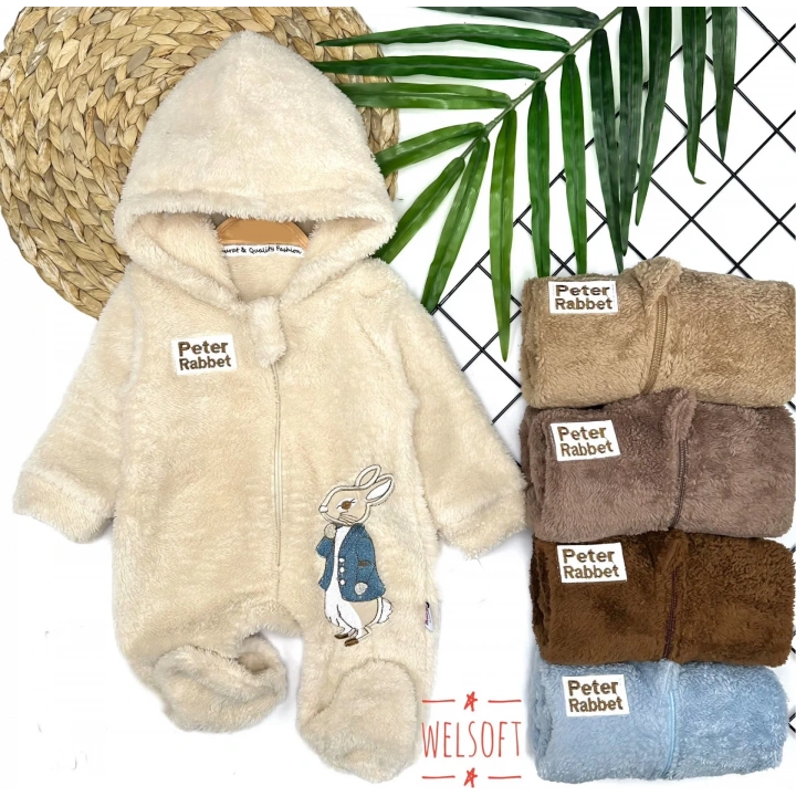 3-6-9-12 Ay Rabbit Tavşan Nakışlı Fermuar Kapamalı Patikli Tüylü Erkek Bebek Tulumu Mavi