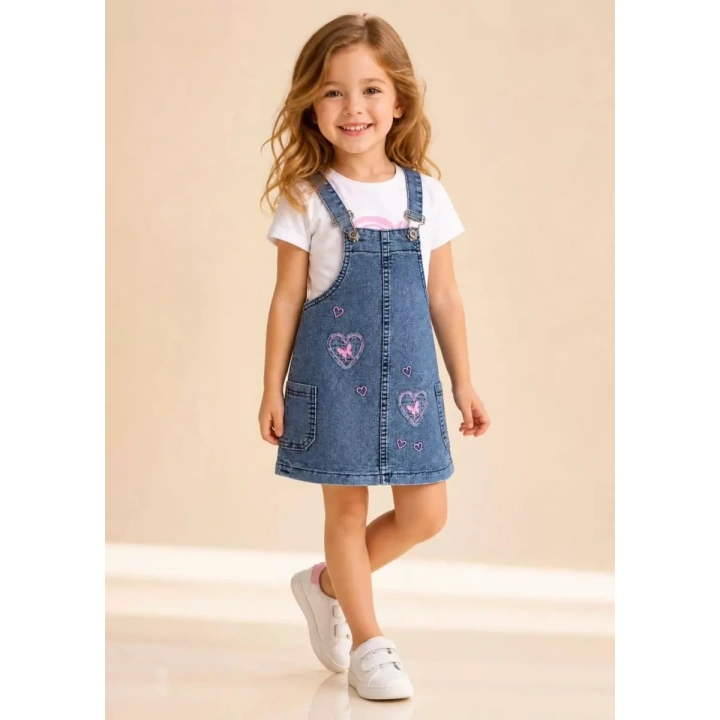 3/7 Yaş Etekli Denim Salopet Çocuk Takımı
