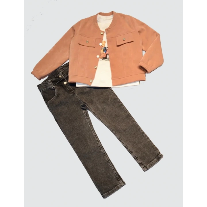 4-5-6 Yaş Kot Pantolonlu Nubukceketli Uzun Kollu Penye Sweat 3lü Erkek Çocuk Takımı Kiremit