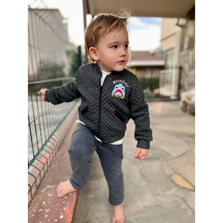 4-5-6 Yaş Kot Pantolonlu Pilot Mont Uzun Kollu Penye Sweat 3lü Erkek Çocuk Takımı Füme