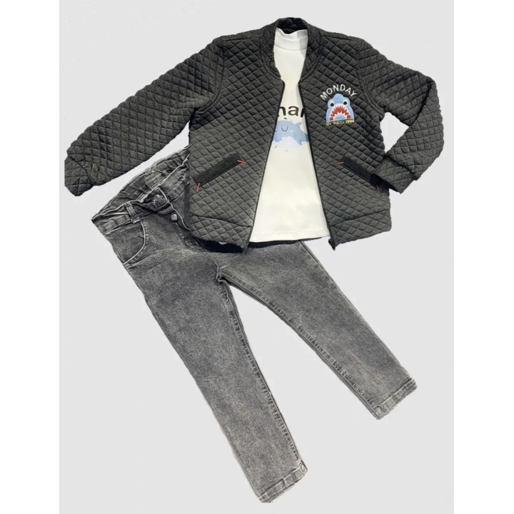 4-5-6 Yaş Kot Pantolonlu Pilot Mont Uzun Kollu Penye Sweat 3lü Erkek Çocuk Takımı Füme