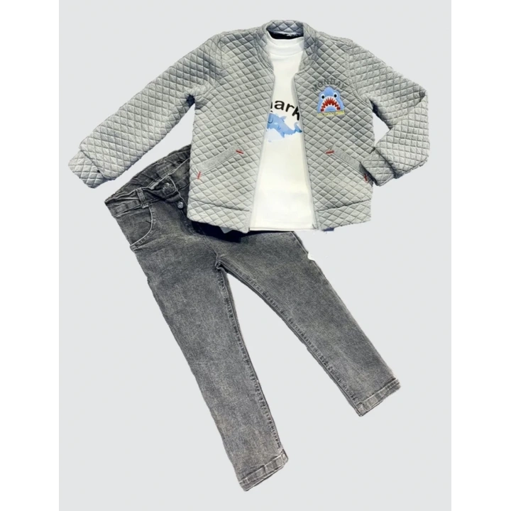 4-5-6 Yaş Kot Pantolonlu Pilot Mont Uzun Kollu Penye Sweat 3lü Erkek Çocuk Takımı Gri
