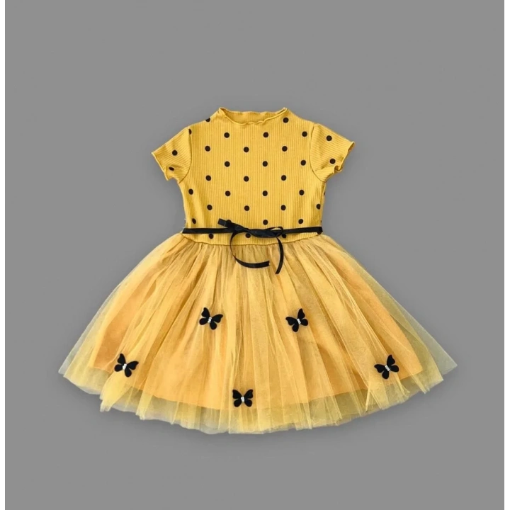 5-6-7 Yaş Puantiyeli Kelebek Etekli Astarlı Kız Çocuk Elbisesi Hardal