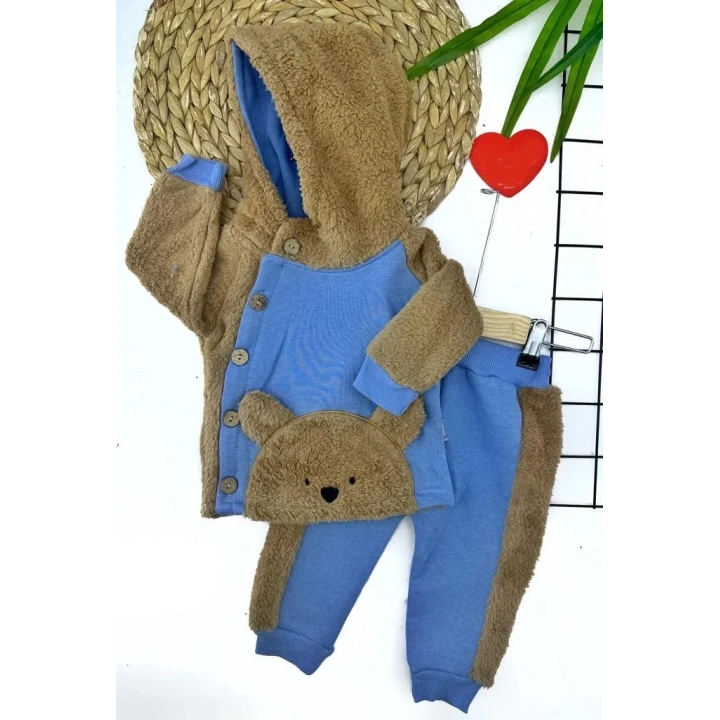 6-12-18-24 Ay Düğme Kapamalı Kapşonlu Ceket Welsoft Detaylı 2li Erkek Bebek Takımı Mavi