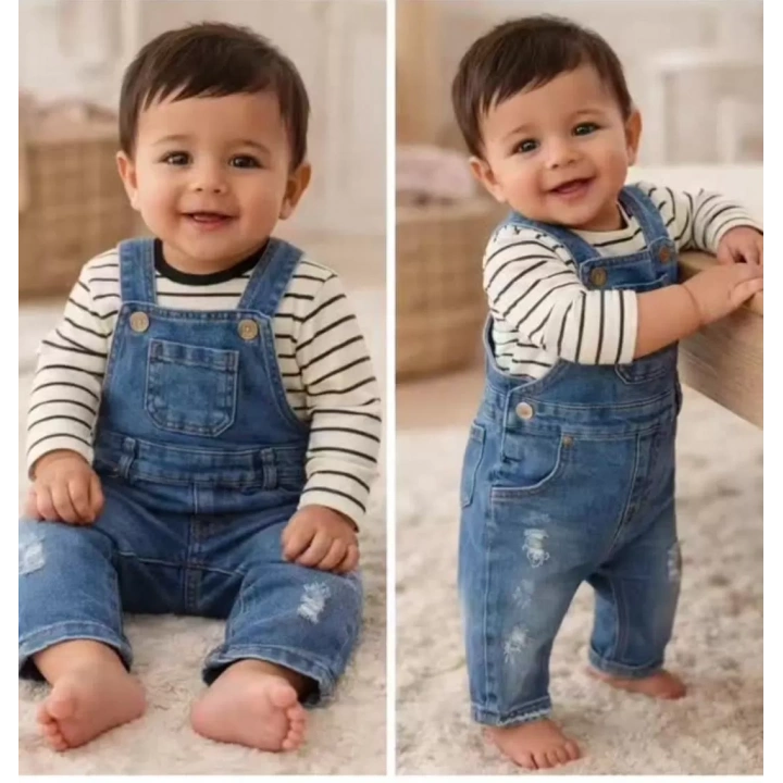 6-18 Ay Çizgili Badili Kot Salopet Bebek Takımı