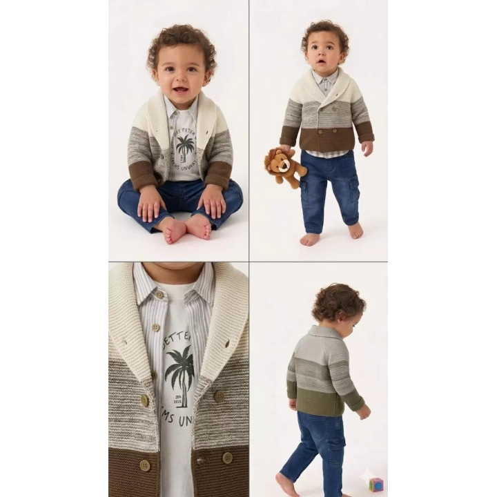 6/24 Ay Triko Hırkalı Tişörtlü 4 Parça Bebek Takımı