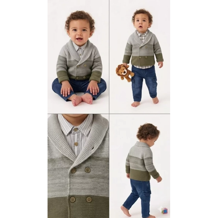 6/24 Ay Triko Hırkalı Tişörtlü 4 Parça Bebek Takımı