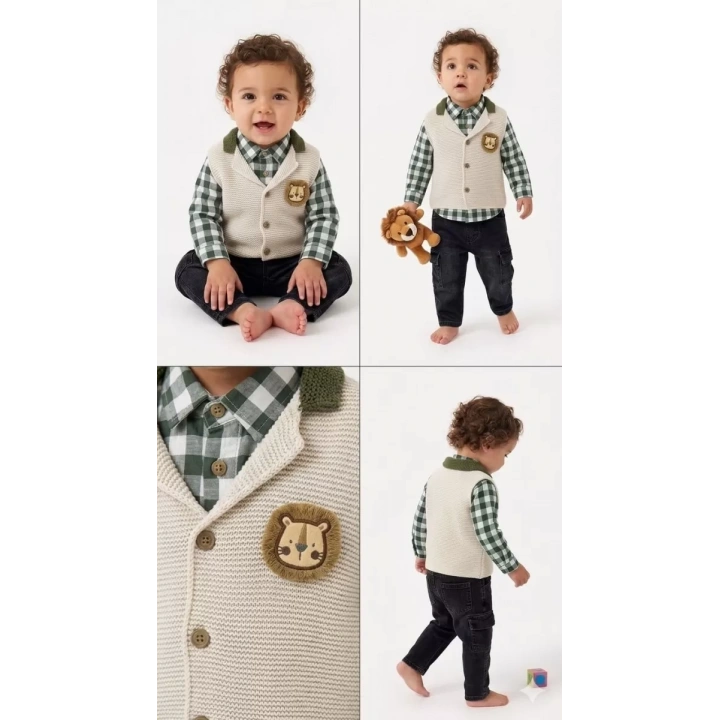 6/24 Ay Triko Yelekli 3 Parça Bebek Takımı