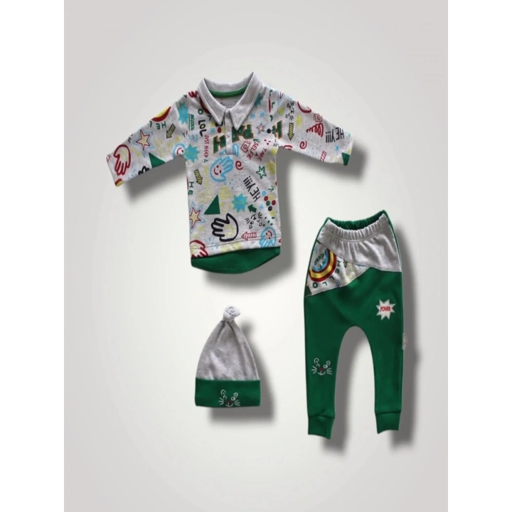 6-9 12-18 18-24 Ay Power Kedi Nakışlı Uzun Kollu Sweat Şapkalı 3lü Kız Erkek Bebek Takımı Yeşil