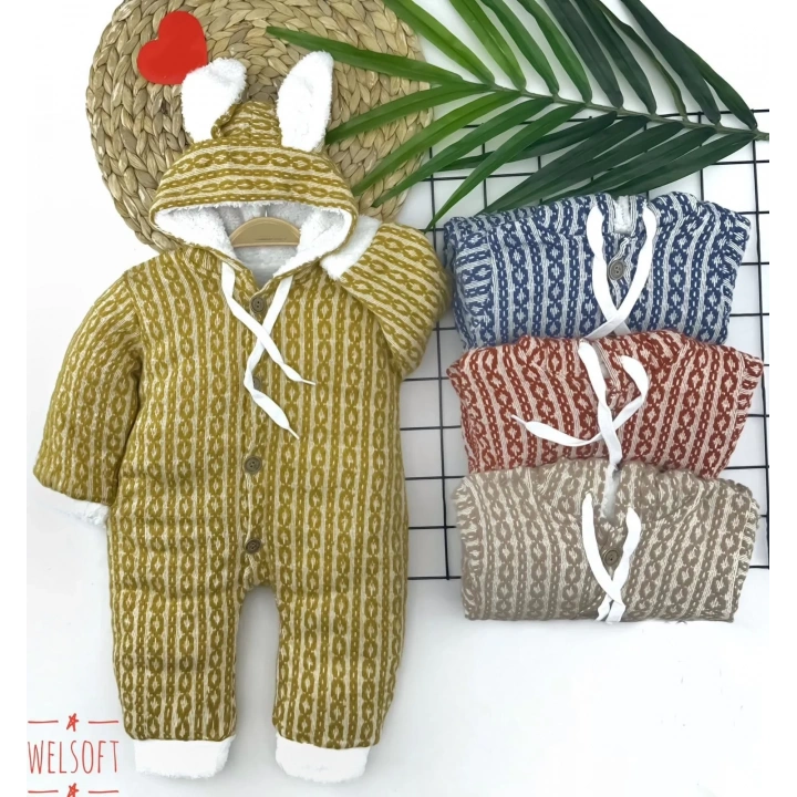 6-9-12-18 Ay Düğme Kapamalı Kulaklı Kapşonlu Triko Kumaş Kız Erkek Bebek Tulumu Mavi