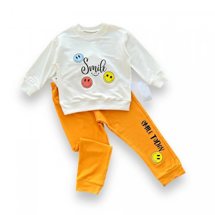 6-9-12-18 Ay Emoje Baskılı Pamuk Penye Kumaş Erkek Bebek Takımı Turuncu