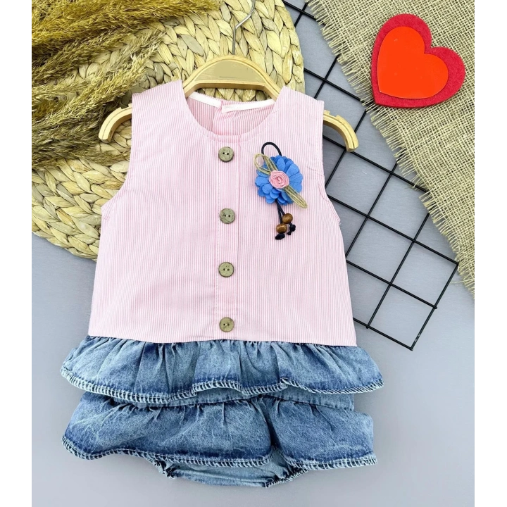 6-9-12-18 Ay Gül Rozet Detaylı Kot Kilotlu Etek Kız Bebek Elbisesi Pembe