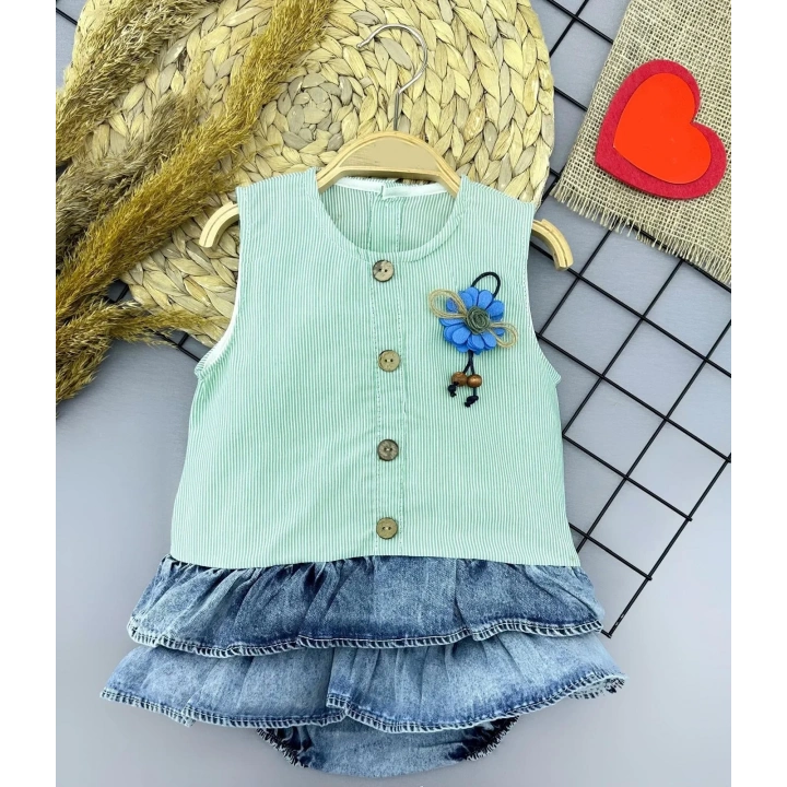 6-9-12-18 Ay Gül Rozet Detaylı Kot Kilotlu Etek Kız Bebek Elbisesi Yeşil