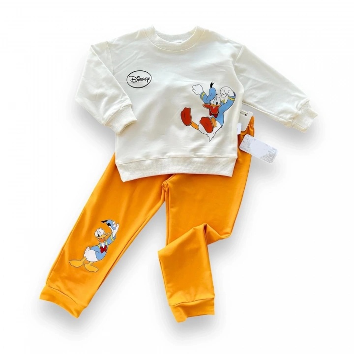 6-9-12-18 Ay Ördek Baskılı Pamuk Penye Kumaş Erkek Bebek Takımı Turuncu