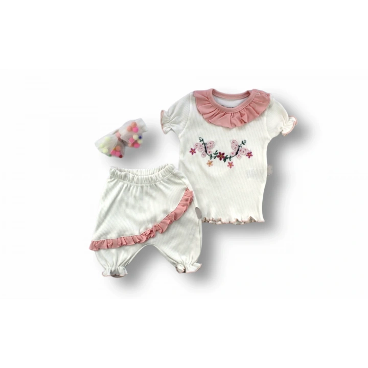 6-9 9-12 12-18 Ay Çiçek Nakışlı Roman Şalvar Bandanalı Kısa Kollu Sweat 3lü Kız Bebek Takımı Pudra