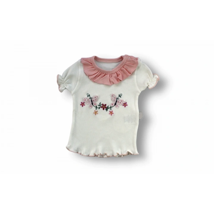 6-9 9-12 12-18 Ay Çiçek Nakışlı Roman Şalvar Bandanalı Kısa Kollu Sweat 3lü Kız Bebek Takımı Pudra