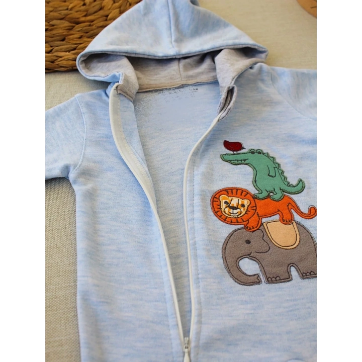 6-9 9-12 Ay Ef Çizgi Boy Fermuarlı Hayvanlar Alemi Nakışlı Kapşonlu Kız Erkek Bebek Tulumu Mavi