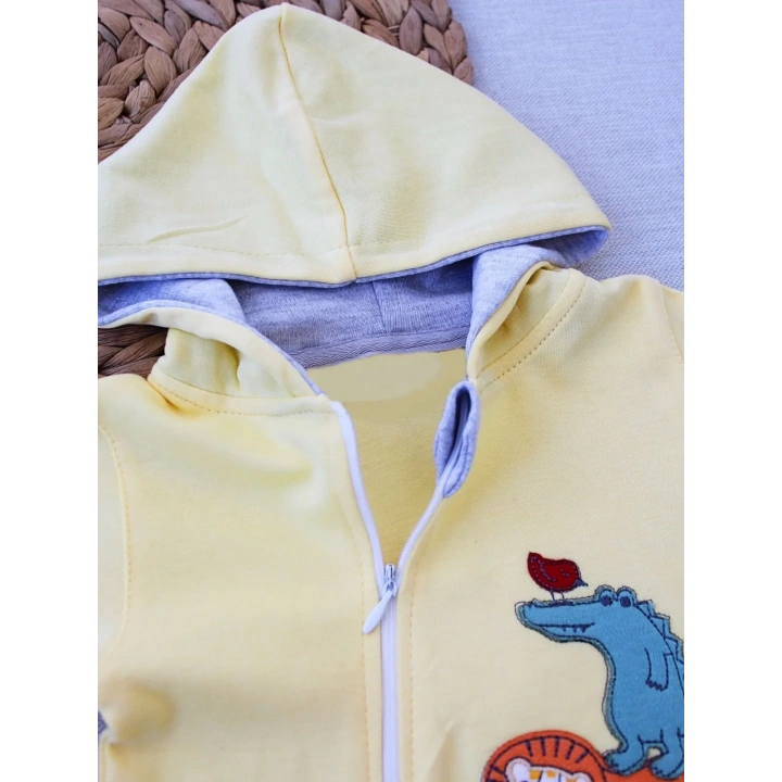 6-9 9-12 Ay Ef Çizgi Boy Fermuarlı Hayvanlar Alemi Nakışlı Kapşonlu Kız Erkek Bebek Tulumu Sarı