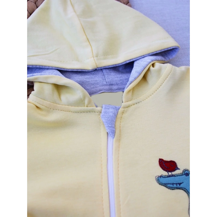 6-9 9-12 Ay Ef Çizgi Boy Fermuarlı Hayvanlar Alemi Nakışlı Kapşonlu Kız Erkek Bebek Tulumu Sarı