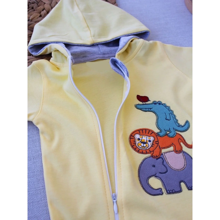 6-9 9-12 Ay Ef Çizgi Boy Fermuarlı Hayvanlar Alemi Nakışlı Kapşonlu Kız Erkek Bebek Tulumu Sarı