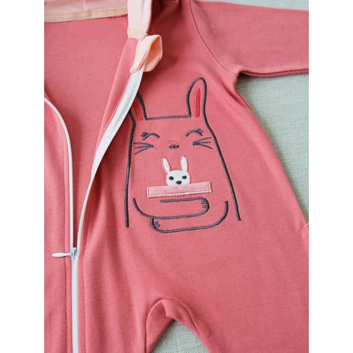 6-9 9-12 Ay Ef Çizgi Boy Fermuarlı Tavşan Nakışlı Kapşonlu Kız Erkek Bebek Tulumu Gül Kurusu