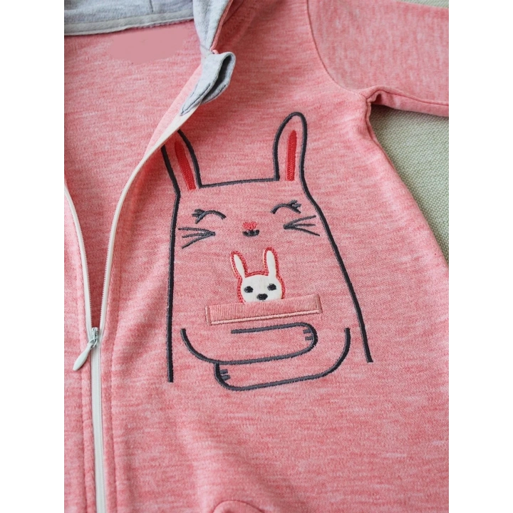 6-9 9-12 Ay Ef Çizgi Boy Fermuarlı Tavşan Nakışlı Kapşonlu Kız Erkek Bebek Tulumu Pembe