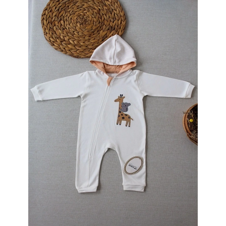 6-9 9-12 Ay Ef Çizgi Boy Fermuarlı Zürafa Nakışlı Kapşonlu Kız Erkek Bebek Tulumu Ekru