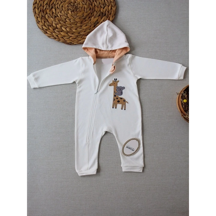6-9 9-12 Ay Ef Çizgi Boy Fermuarlı Zürafa Nakışlı Kapşonlu Kız Erkek Bebek Tulumu Ekru