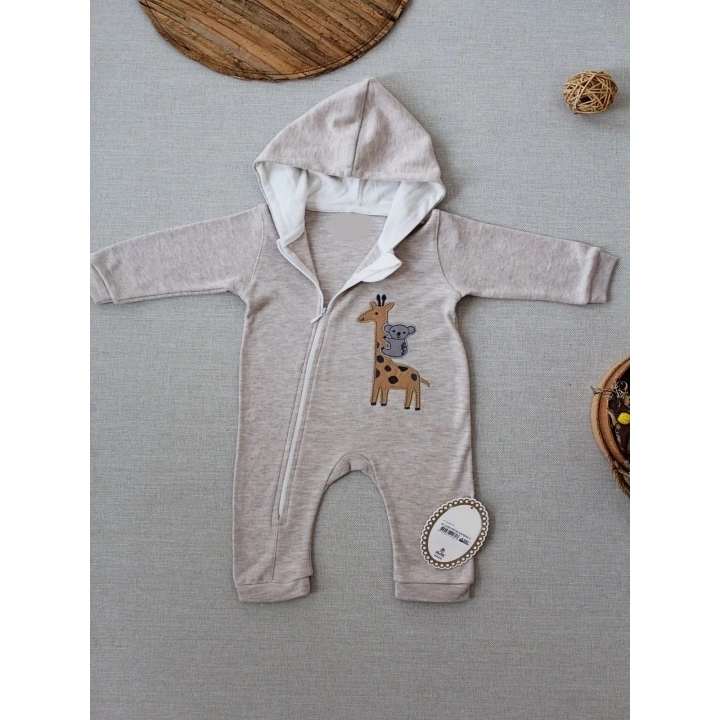6-9 9-12 Ay Ef Çizgi Boy Fermuarlı Zürafa Nakışlı Kapşonlu Kız Erkek Bebek Tulumu Kahvemelanj
